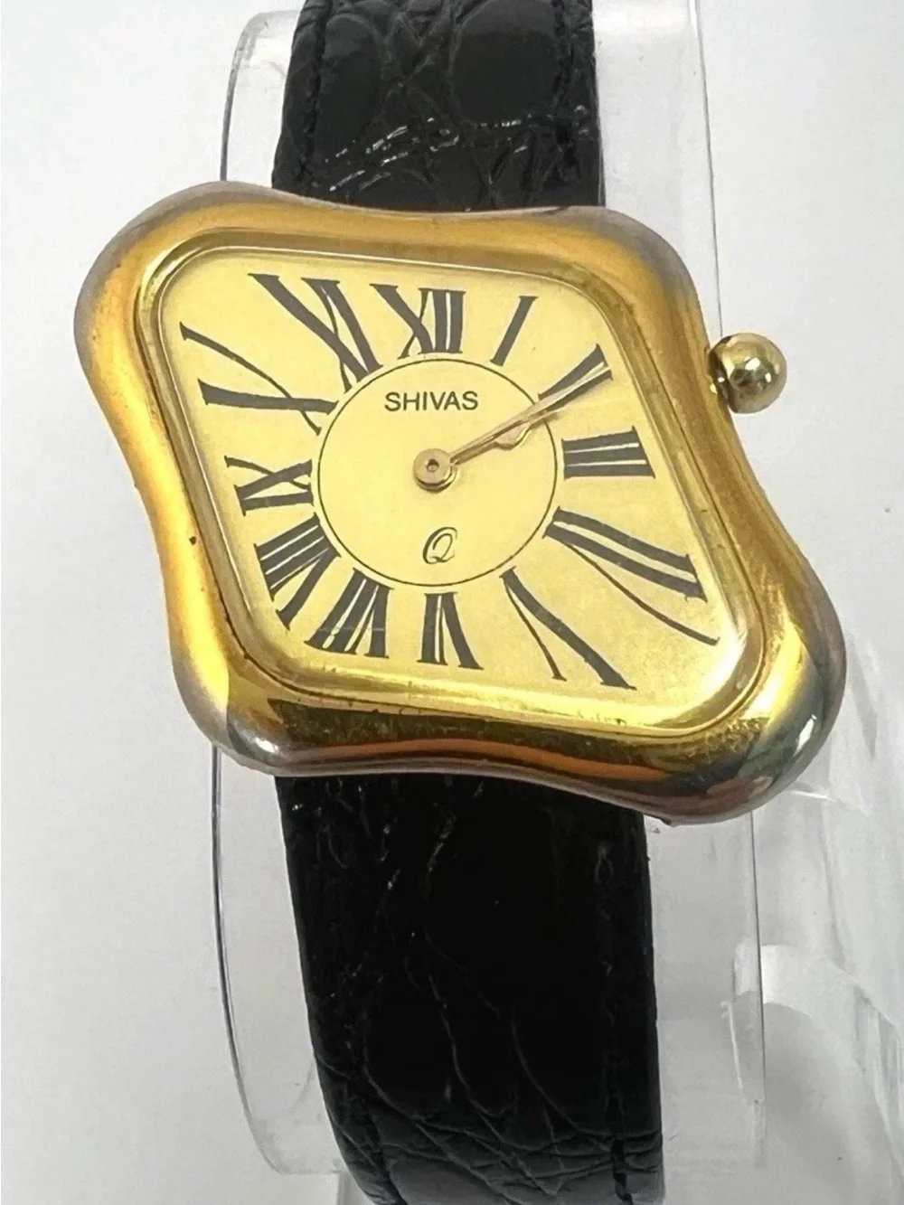 Shivas Gold-Tone Square Dial Watch with Black Leather Strap